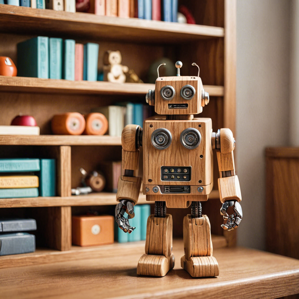 a cute wooden toy robot sitting on a shelf, warm colors, macro photography, detailed — image 1