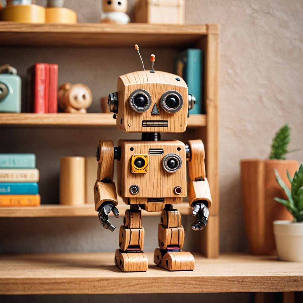 a cute wooden toy robot sitting on a shelf, warm colors, macro photography, detailed — image 2