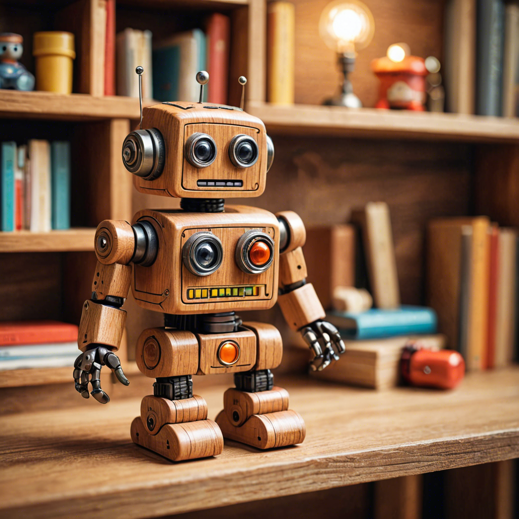 a cute wooden toy robot sitting on a shelf, warm colors, macro photography, detailed — image 3