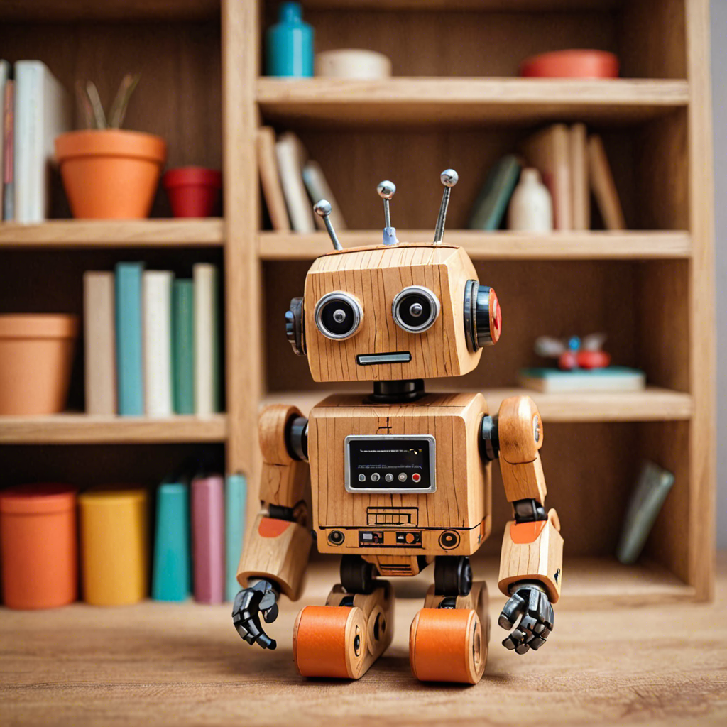 a cute wooden toy robot sitting on a shelf, warm colors, macro photography, detailed — image 4