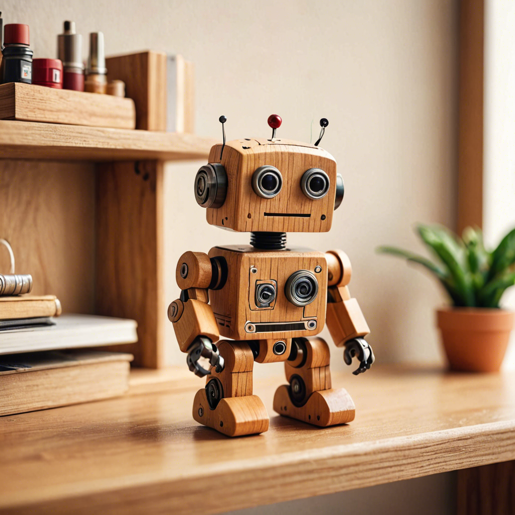 a cute wooden toy robot sitting on a shelf, warm colors, macro photography, detailed — image 5