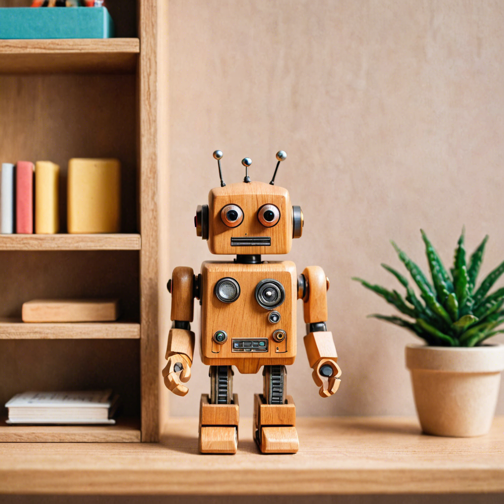 a cute wooden toy robot sitting on a shelf, warm colors, macro photography, detailed — image 6