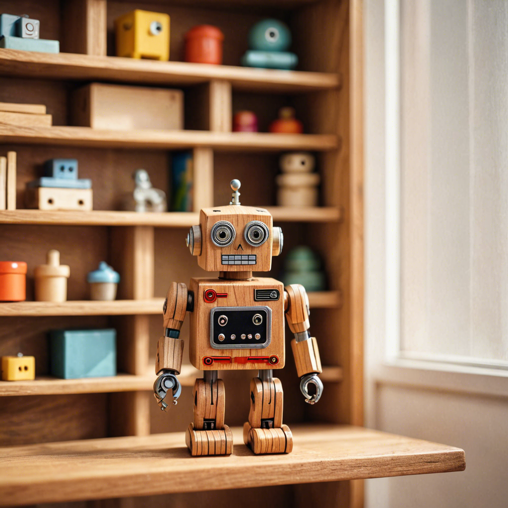 a cute wooden toy robot sitting on a shelf, warm colors, macro photography, detailed — image 7