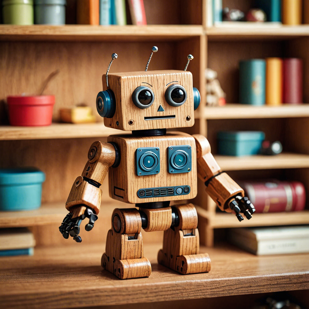 a cute wooden toy robot sitting on a shelf, warm colors, macro photography, detailed — image 8
