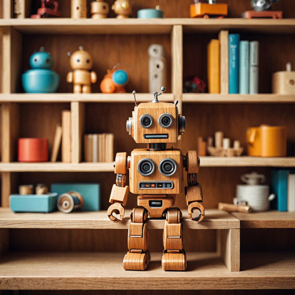 a cute wooden toy robot sitting on a shelf, warm colors, macro photography, detailed — image 9