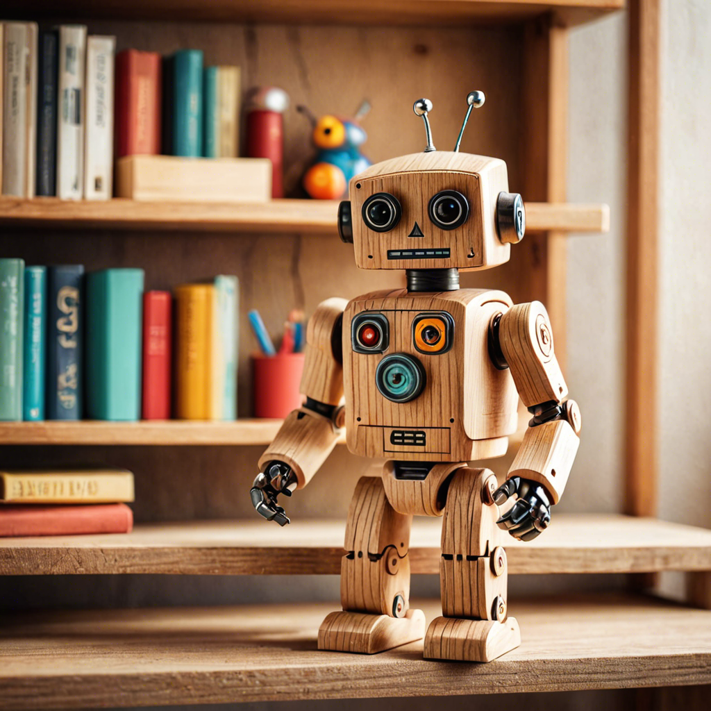 a cute wooden toy robot sitting on a shelf, warm colors, macro photography, detailed — image 10