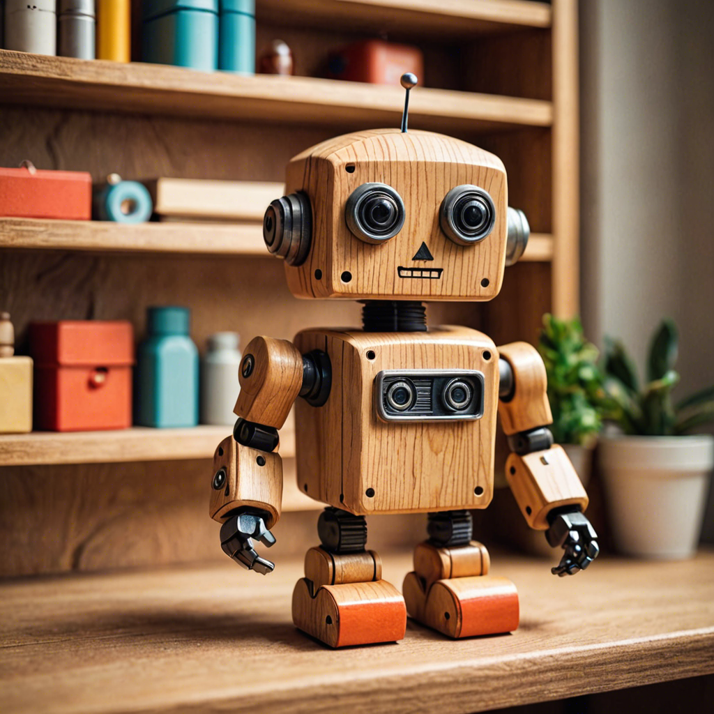 a cute wooden toy robot sitting on a shelf, warm colors, macro photography, detailed — image 11