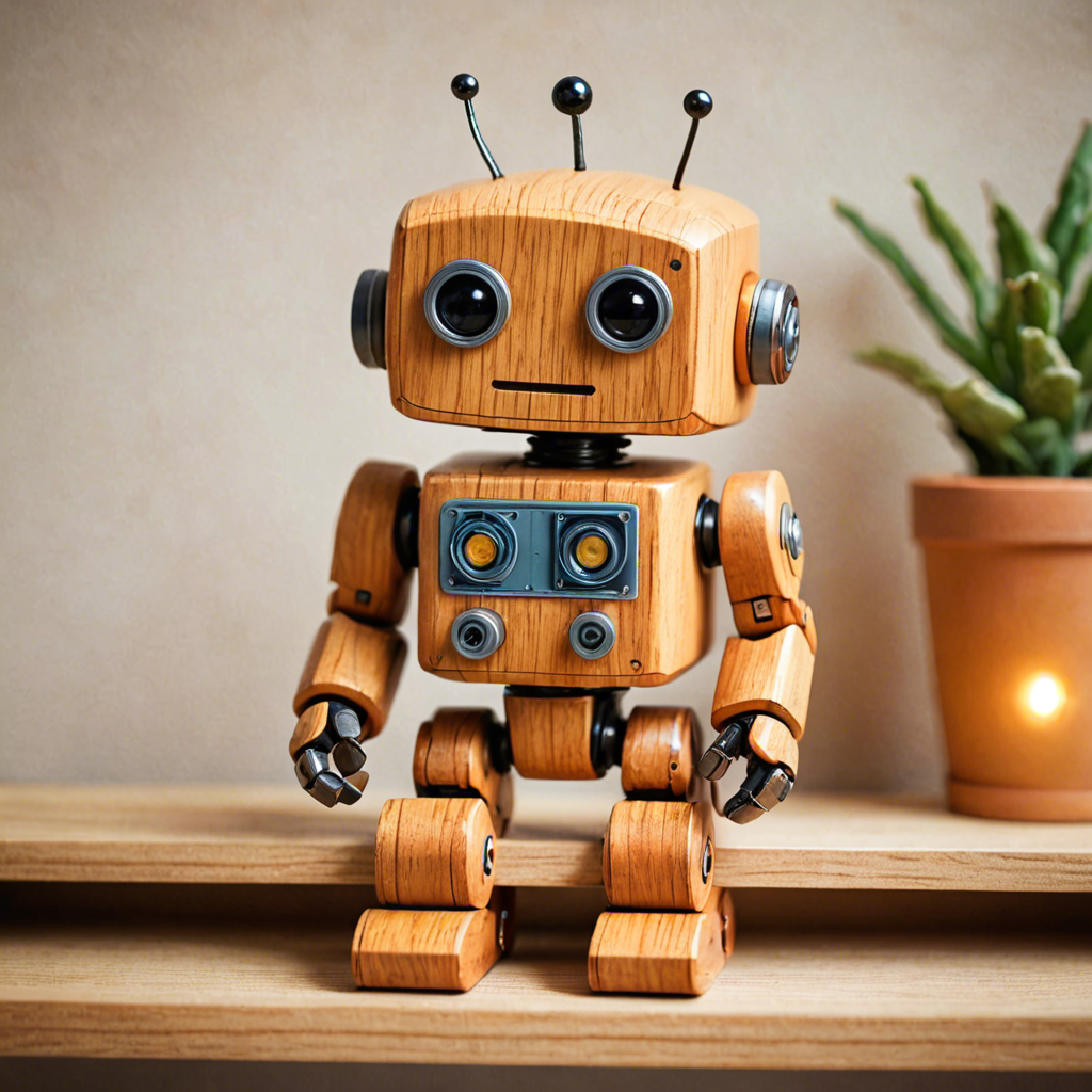 a cute wooden toy robot sitting on a shelf, warm colors, macro photography, detailed — image 12