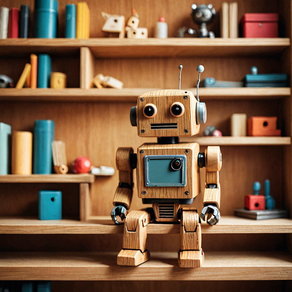 a cute wooden toy robot sitting on a shelf, warm colors, macro photography, detailed — image 13