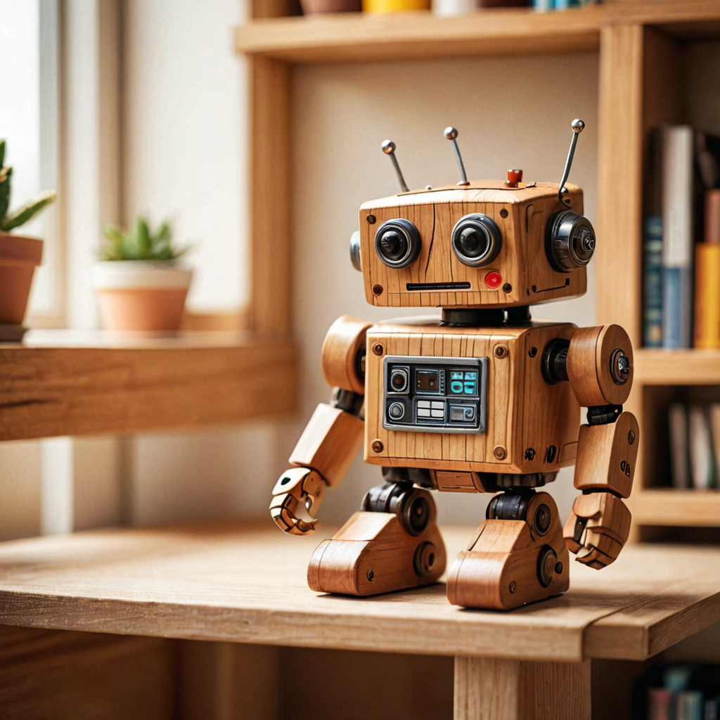 a cute wooden toy robot sitting on a shelf, warm colors, macro photography, detailed — image 14