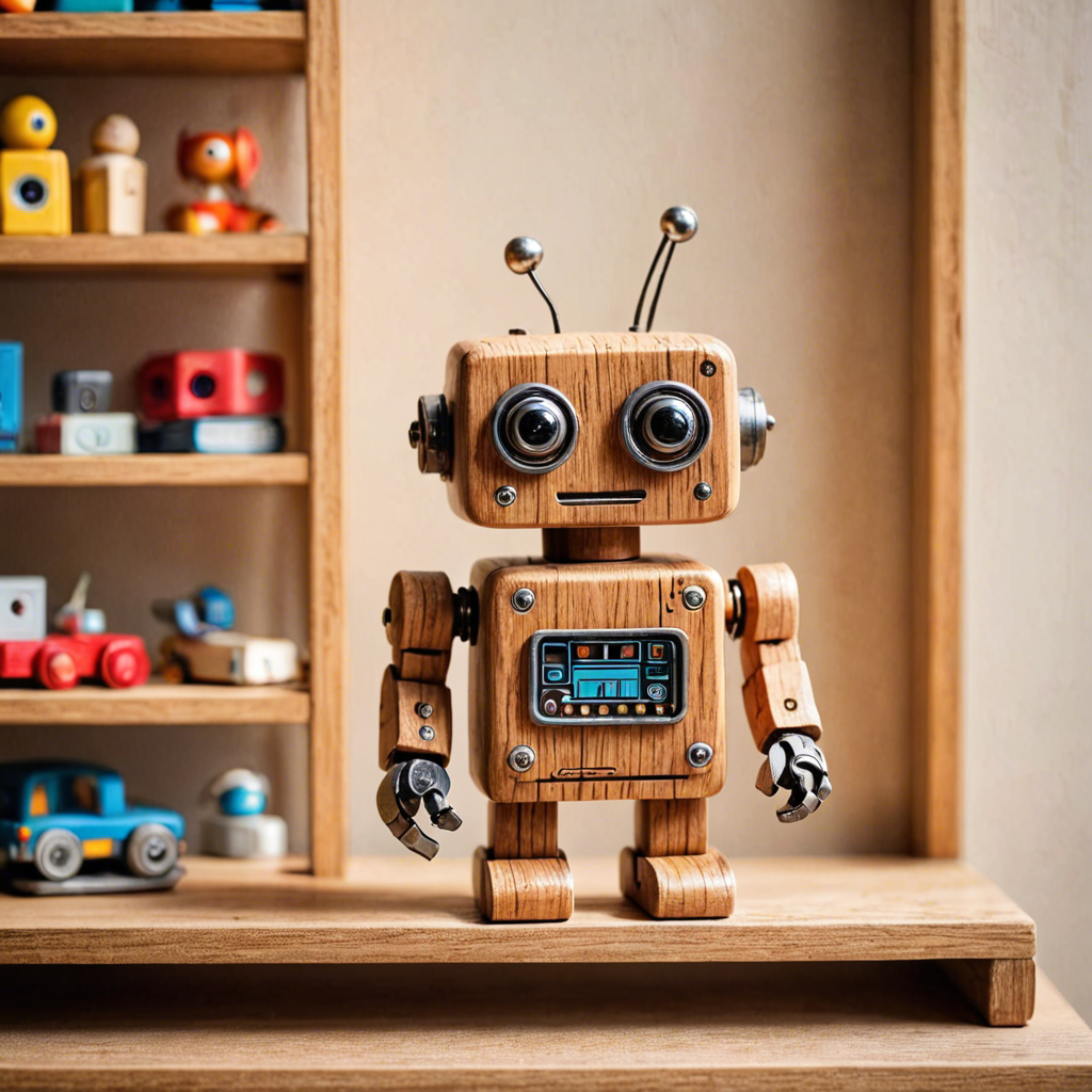 a cute wooden toy robot sitting on a shelf, warm colors, macro photography, detailed — image 15