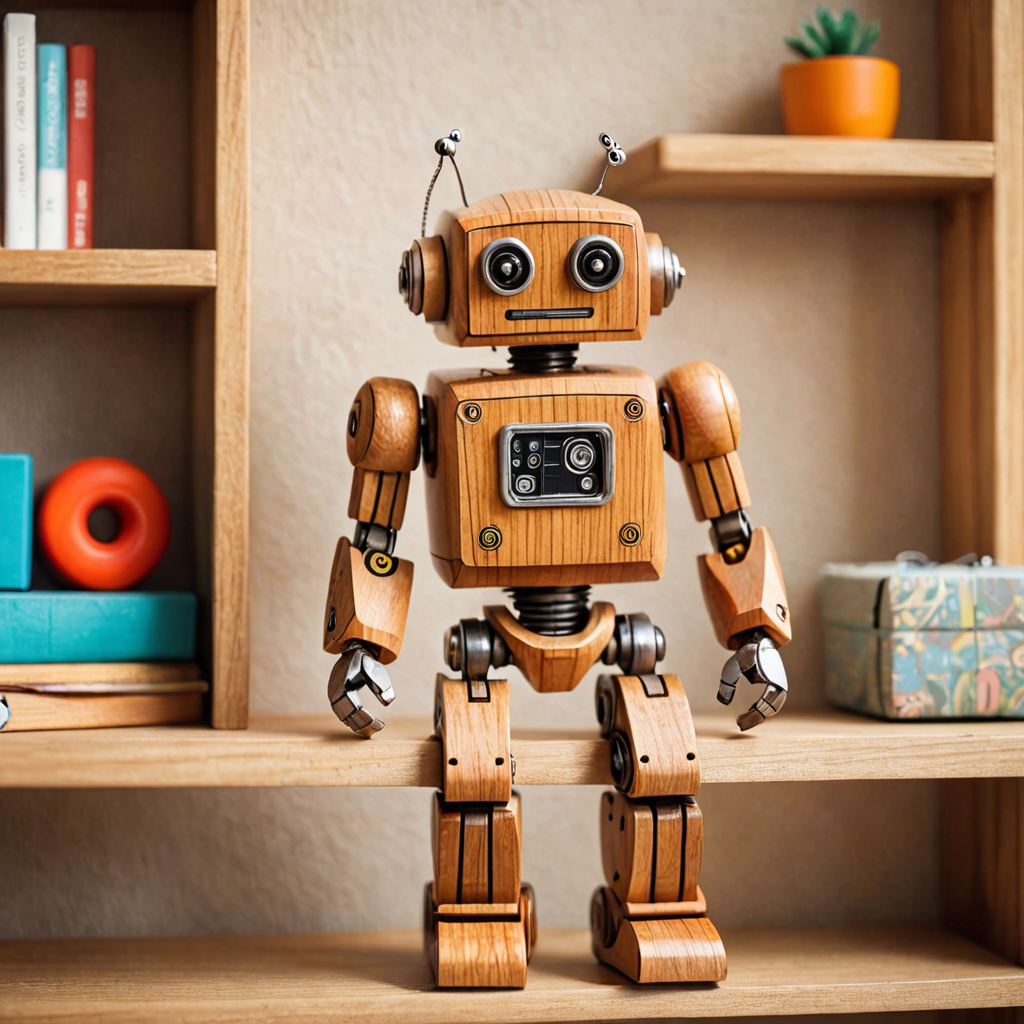 a cute wooden toy robot sitting on a shelf, warm colors, macro photography, detailed — image 16