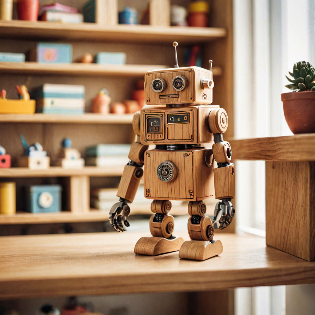 a cute wooden toy robot sitting on a shelf, warm colors, macro photography, detailed — image 17