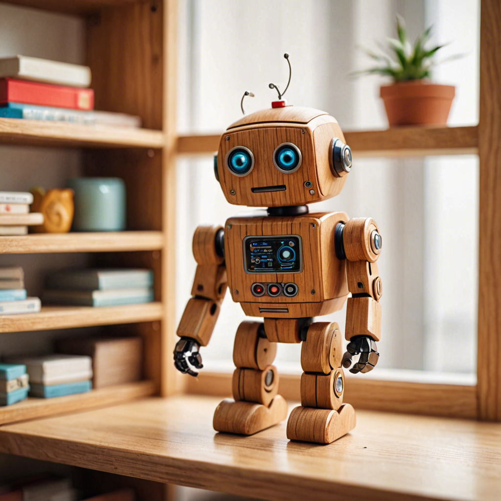 a cute wooden toy robot sitting on a shelf, warm colors, macro photography, detailed — image 18