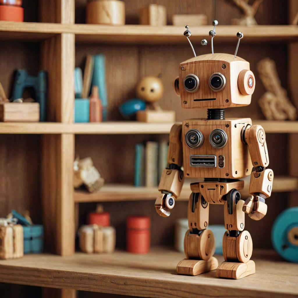 a cute wooden toy robot sitting on a shelf, warm colors, macro photography, detailed — image 19