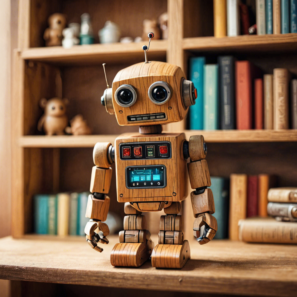 a cute wooden toy robot sitting on a shelf, warm colors, macro photography, detailed — image 20