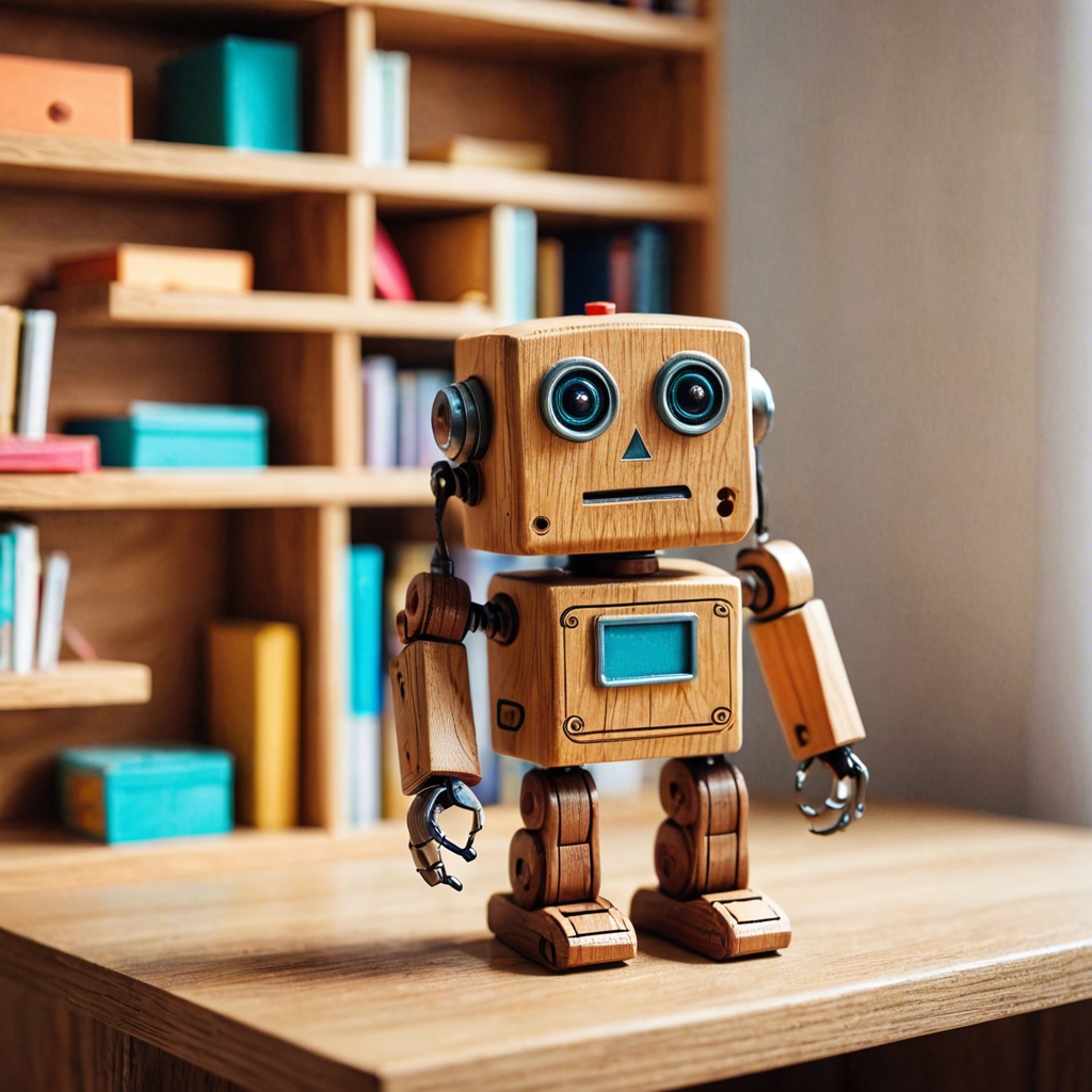 a cute wooden toy robot sitting on a shelf, warm colors, macro photography, detailed — image 21