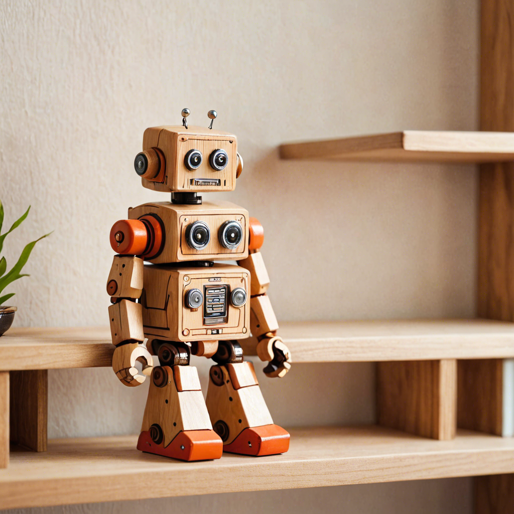 a cute wooden toy robot sitting on a shelf, warm colors, macro photography, detailed — image 22