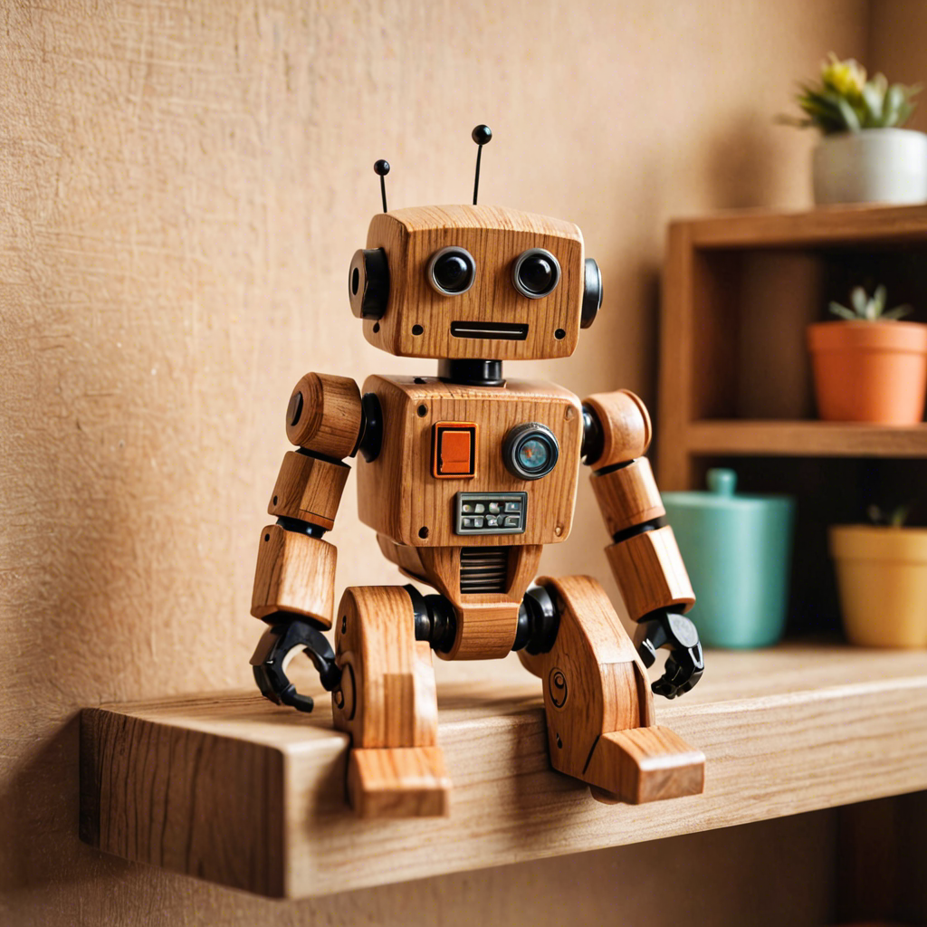 a cute wooden toy robot sitting on a shelf, warm colors, macro photography, detailed — image 23