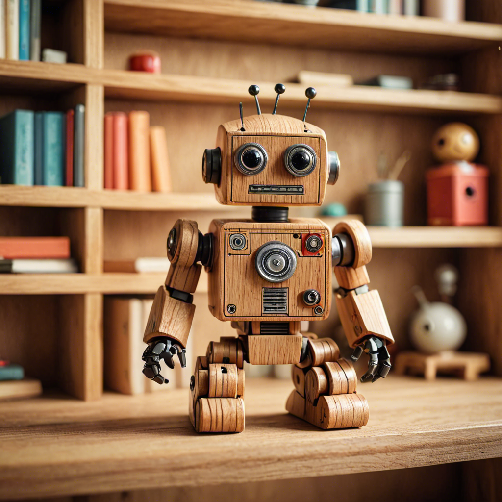 a cute wooden toy robot sitting on a shelf, warm colors, macro photography, detailed — image 24
