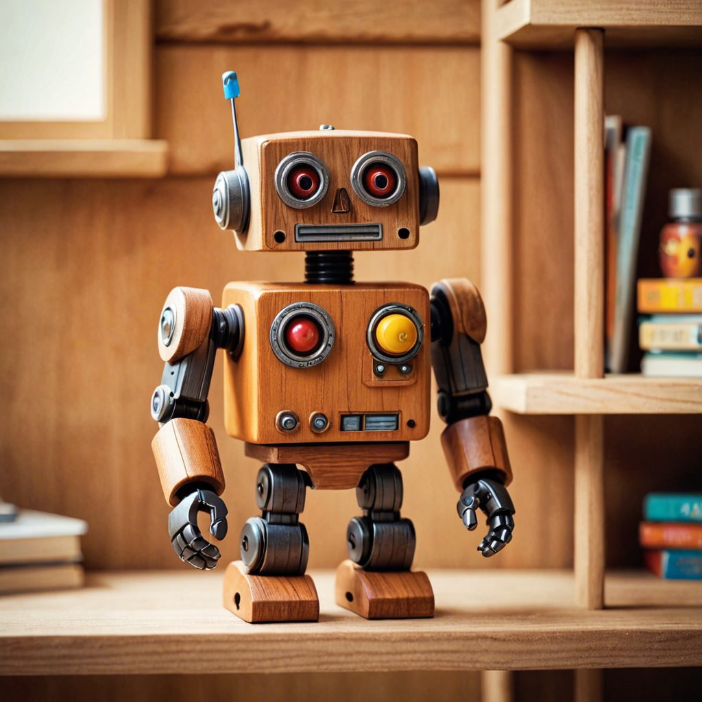 a cute wooden toy robot sitting on a shelf, warm colors, macro photography, detailed — image 25