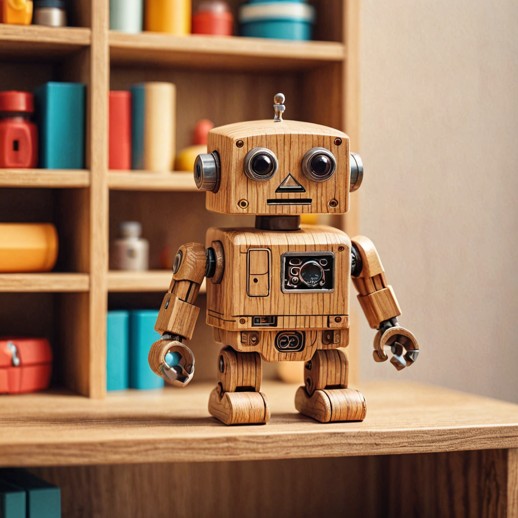 a cute wooden toy robot sitting on a shelf, warm colors, macro photography, detailed — image 2