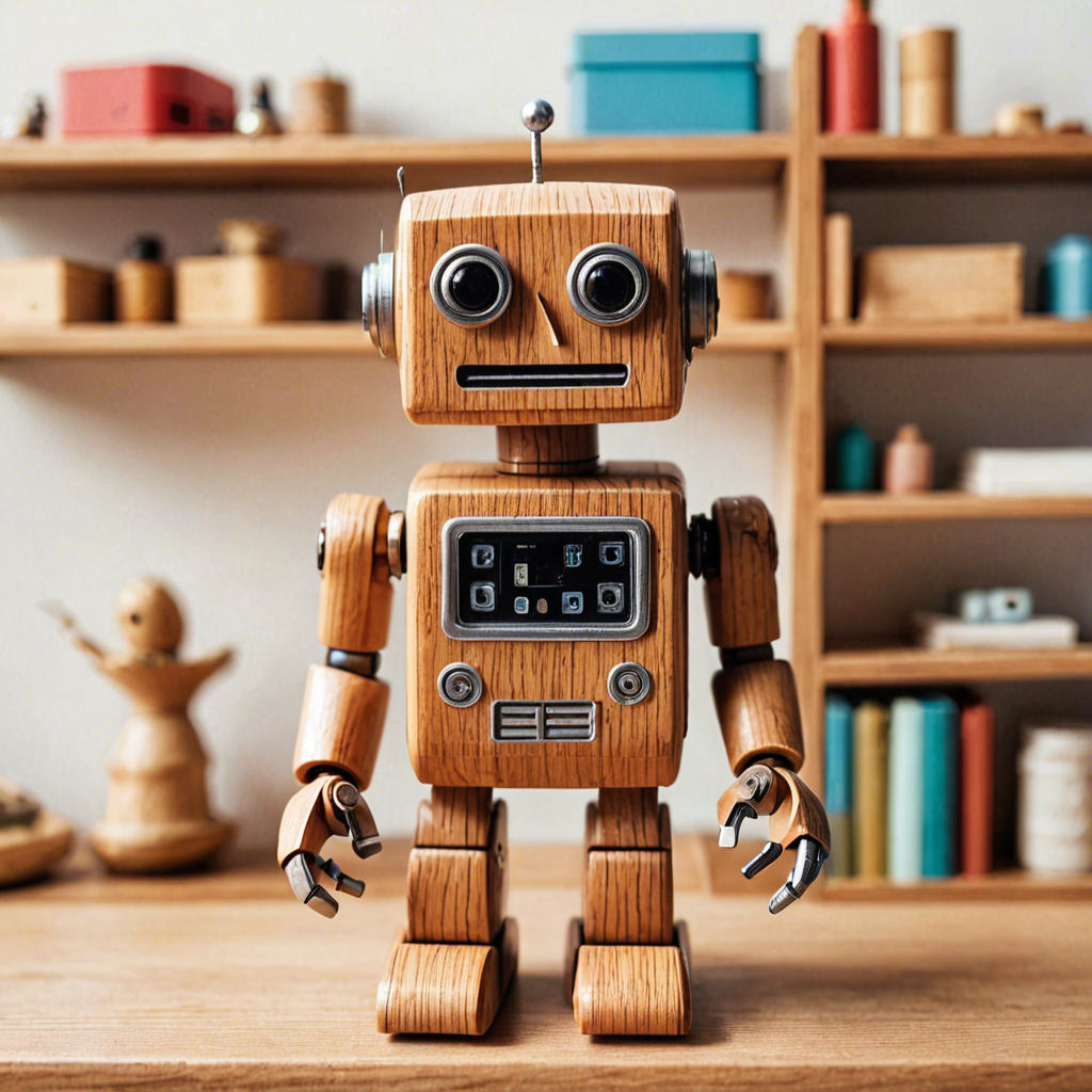 a cute wooden toy robot sitting on a shelf, warm colors, macro photography, detailed — image 3