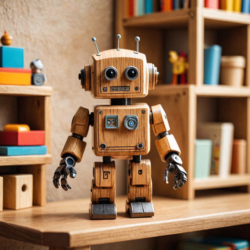 a cute wooden toy robot sitting on a shelf, warm colors, macro photography, detailed — image 4