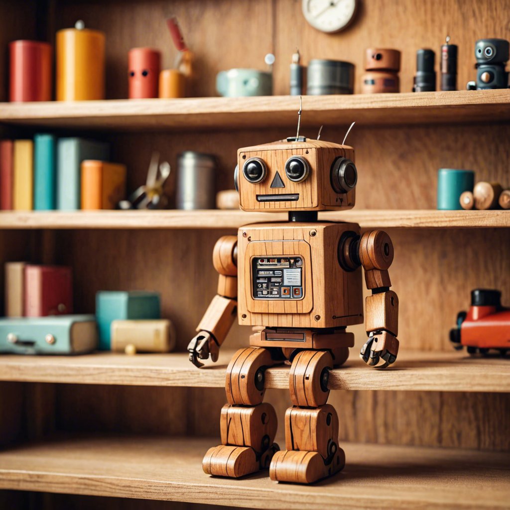 a cute wooden toy robot sitting on a shelf, warm colors, macro photography, detailed — image 1
