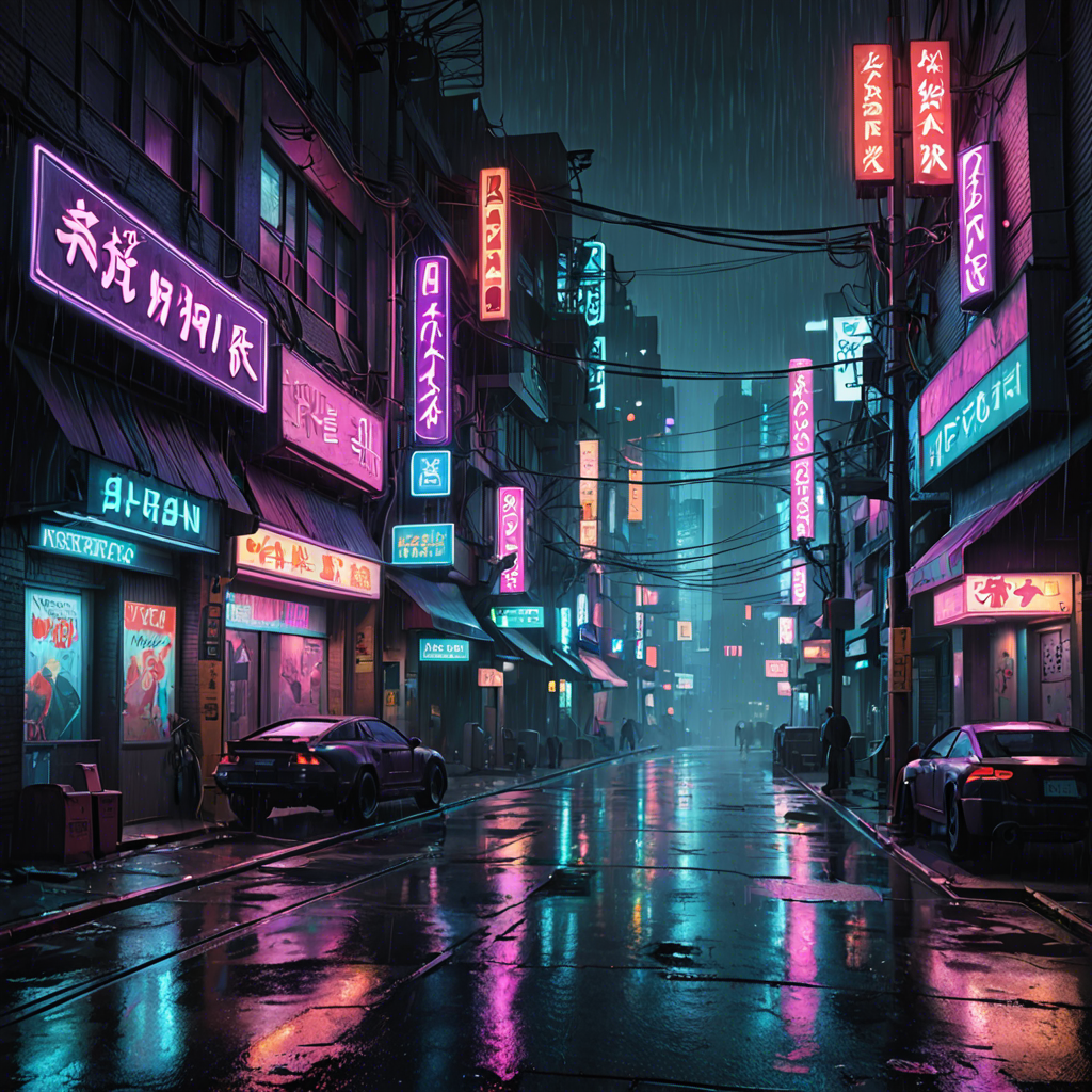 a cyberpunk city street at night, neon lights, rain, detailed — image 1