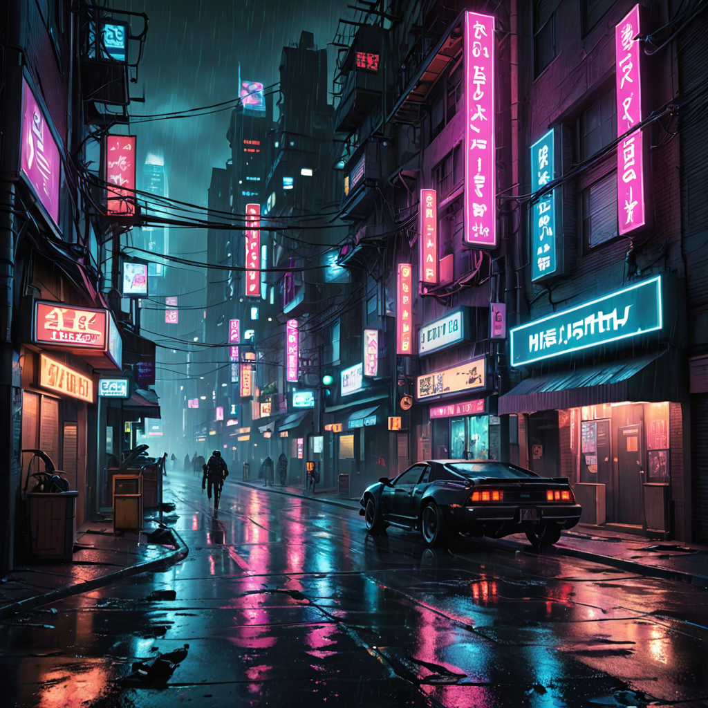 a cyberpunk city street at night, neon lights, rain, detailed — image 4