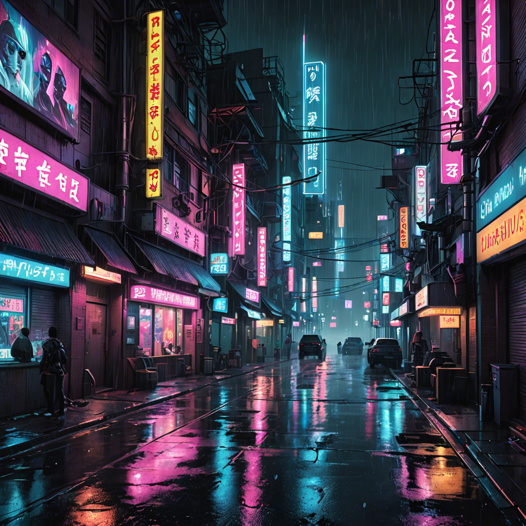 a cyberpunk city street at night, neon lights, rain, detailed — image 5
