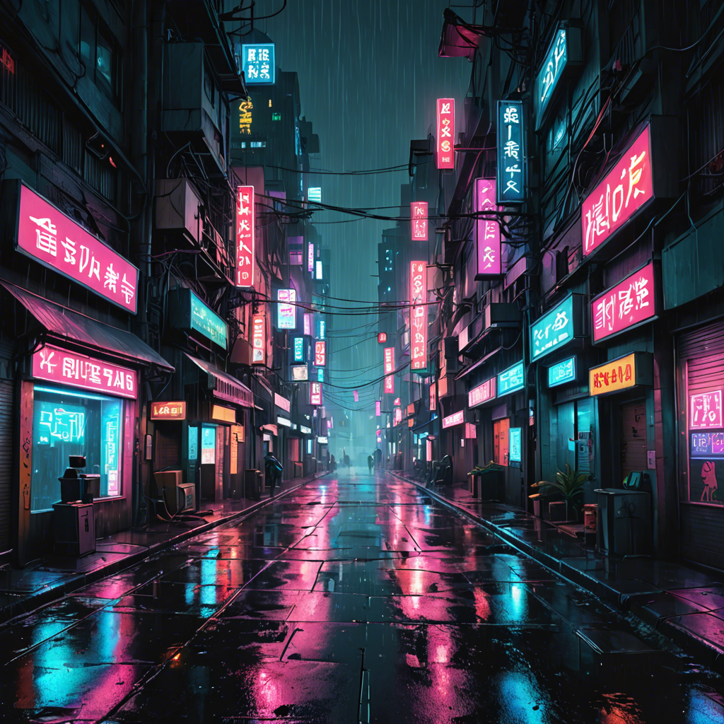 a cyberpunk city street at night, neon lights, rain, detailed — image 9