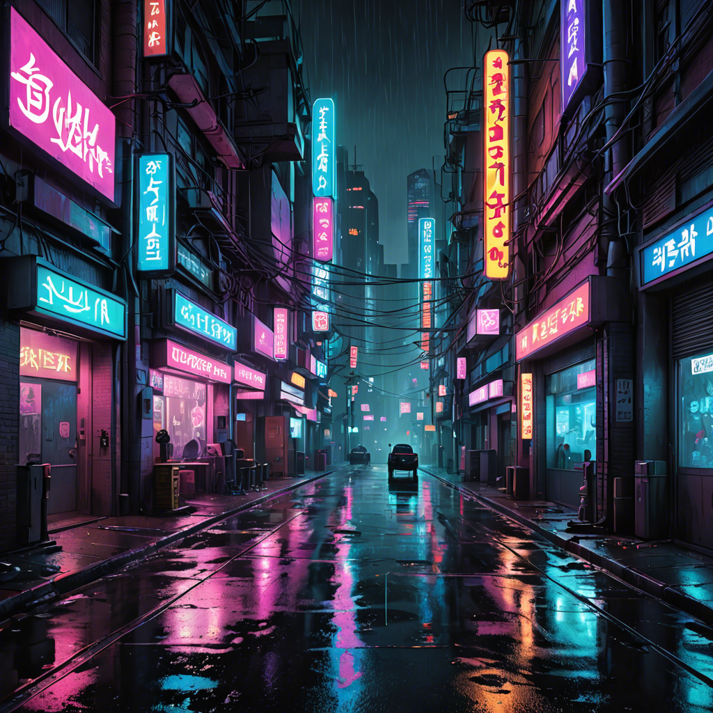 a cyberpunk city street at night, neon lights, rain, detailed — image 11