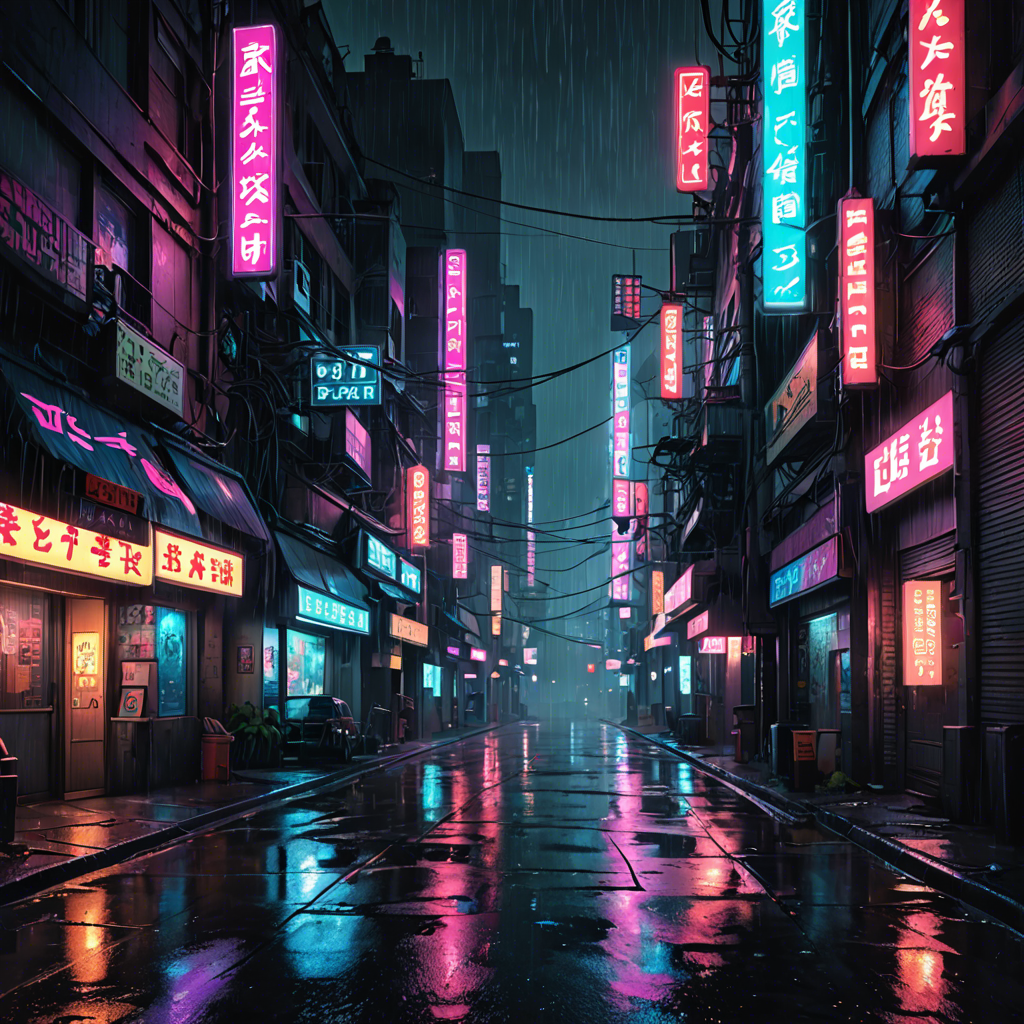 a cyberpunk city street at night, neon lights, rain, detailed — image 12