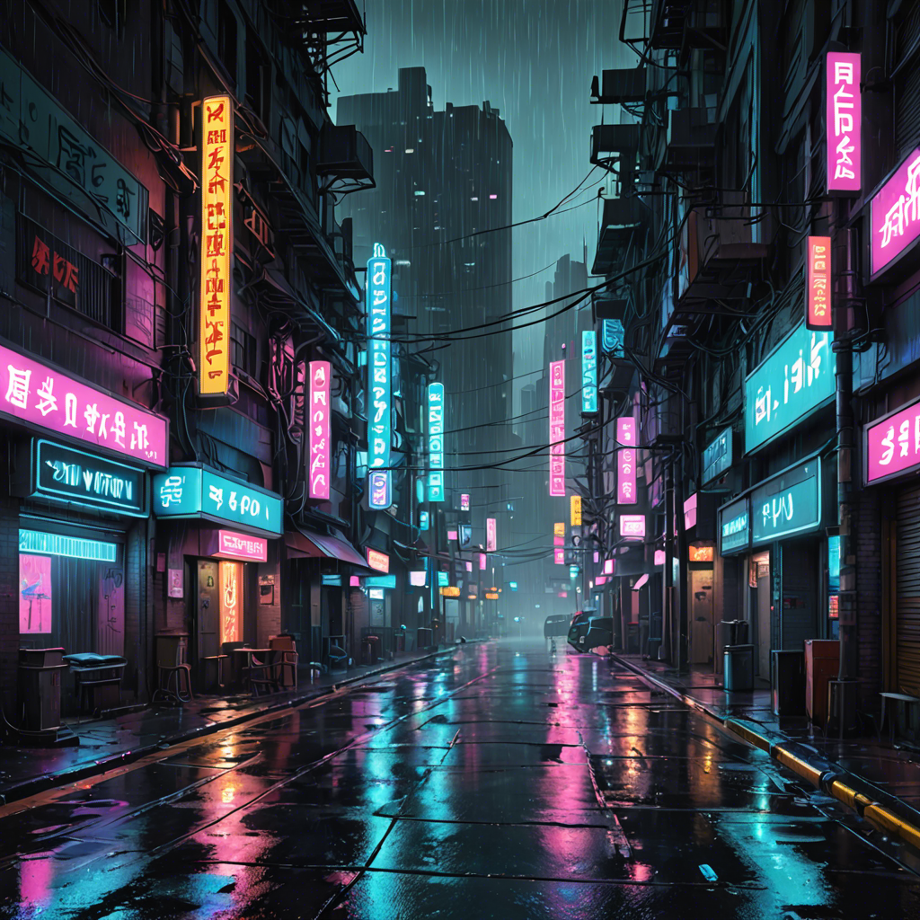 a cyberpunk city street at night, neon lights, rain, detailed — image 13