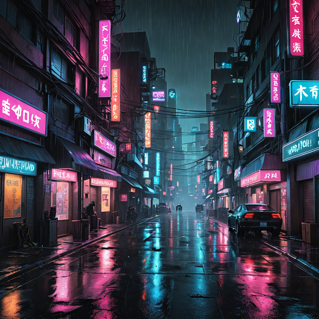 a cyberpunk city street at night, neon lights, rain, detailed — image 14