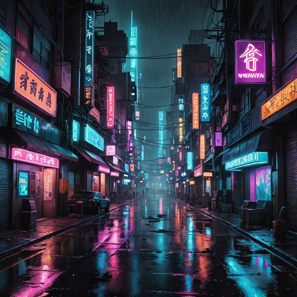 a cyberpunk city street at night, neon lights, rain, detailed — image 15