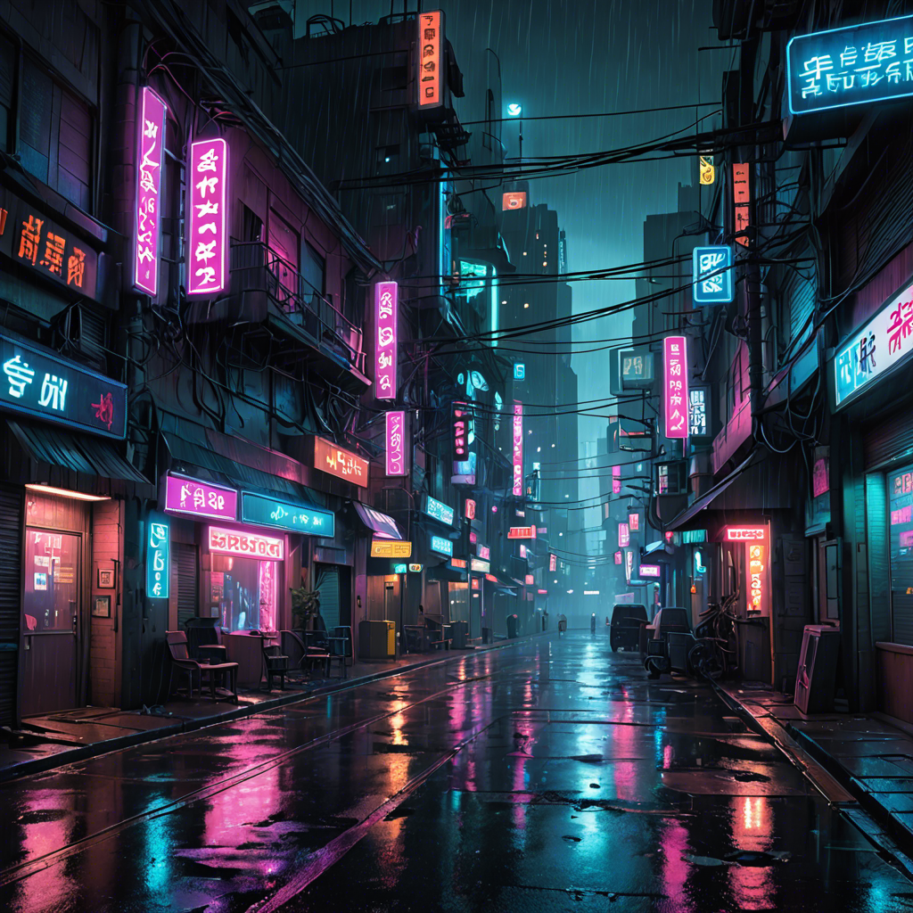 a cyberpunk city street at night, neon lights, rain, detailed — image 17