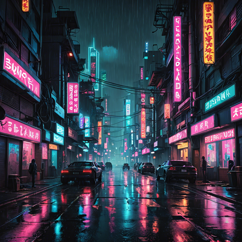 a cyberpunk city street at night, neon lights, rain, detailed — image 19
