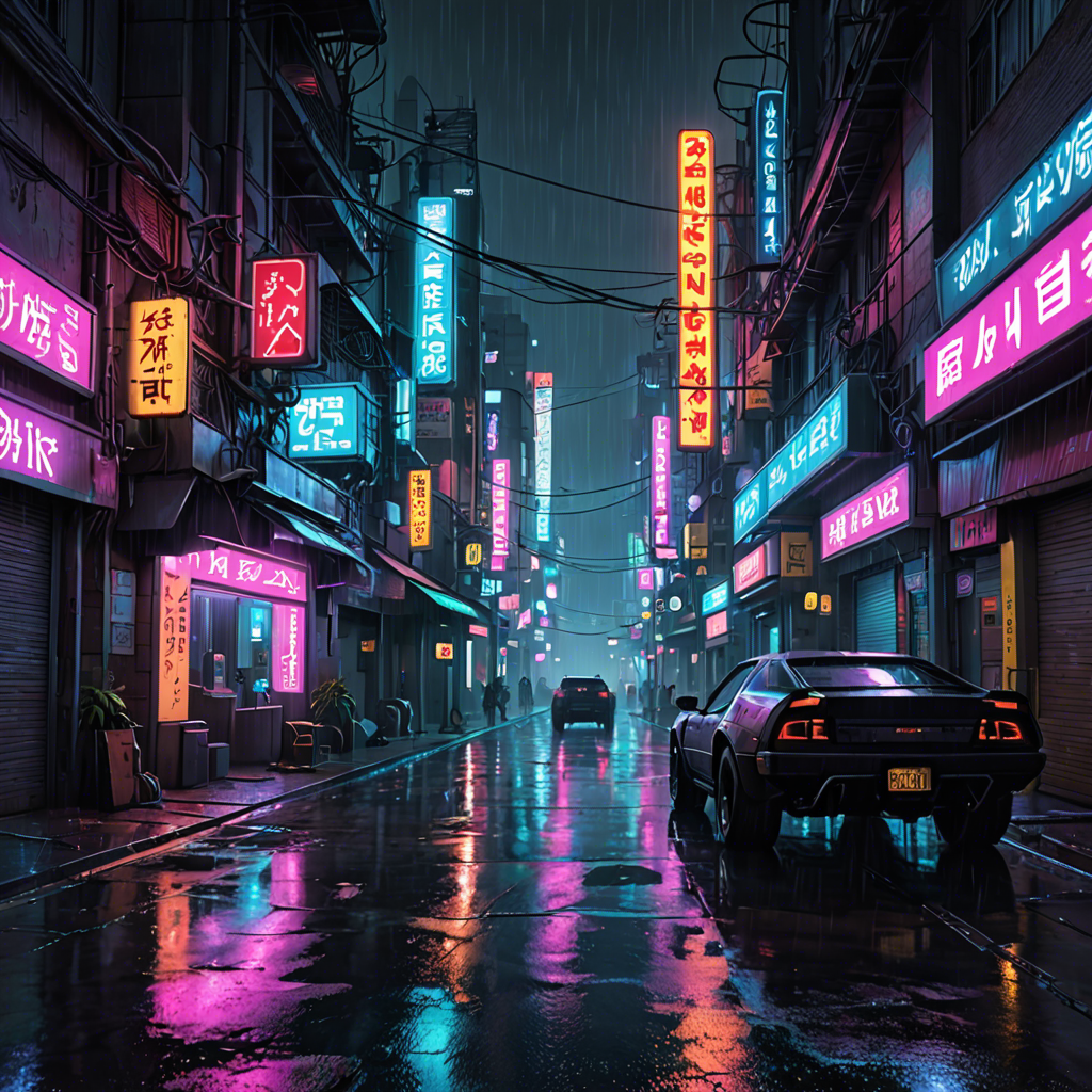 a cyberpunk city street at night, neon lights, rain, detailed — image 20