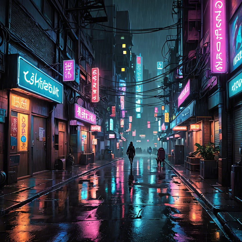 a cyberpunk city street at night, neon lights, rain, detailed — image 21