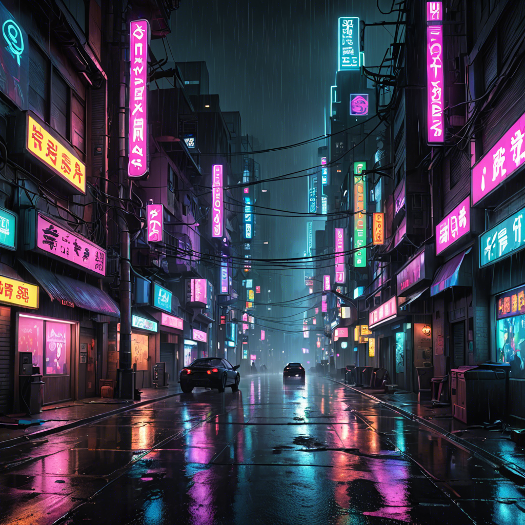 a cyberpunk city street at night, neon lights, rain, detailed — image 25