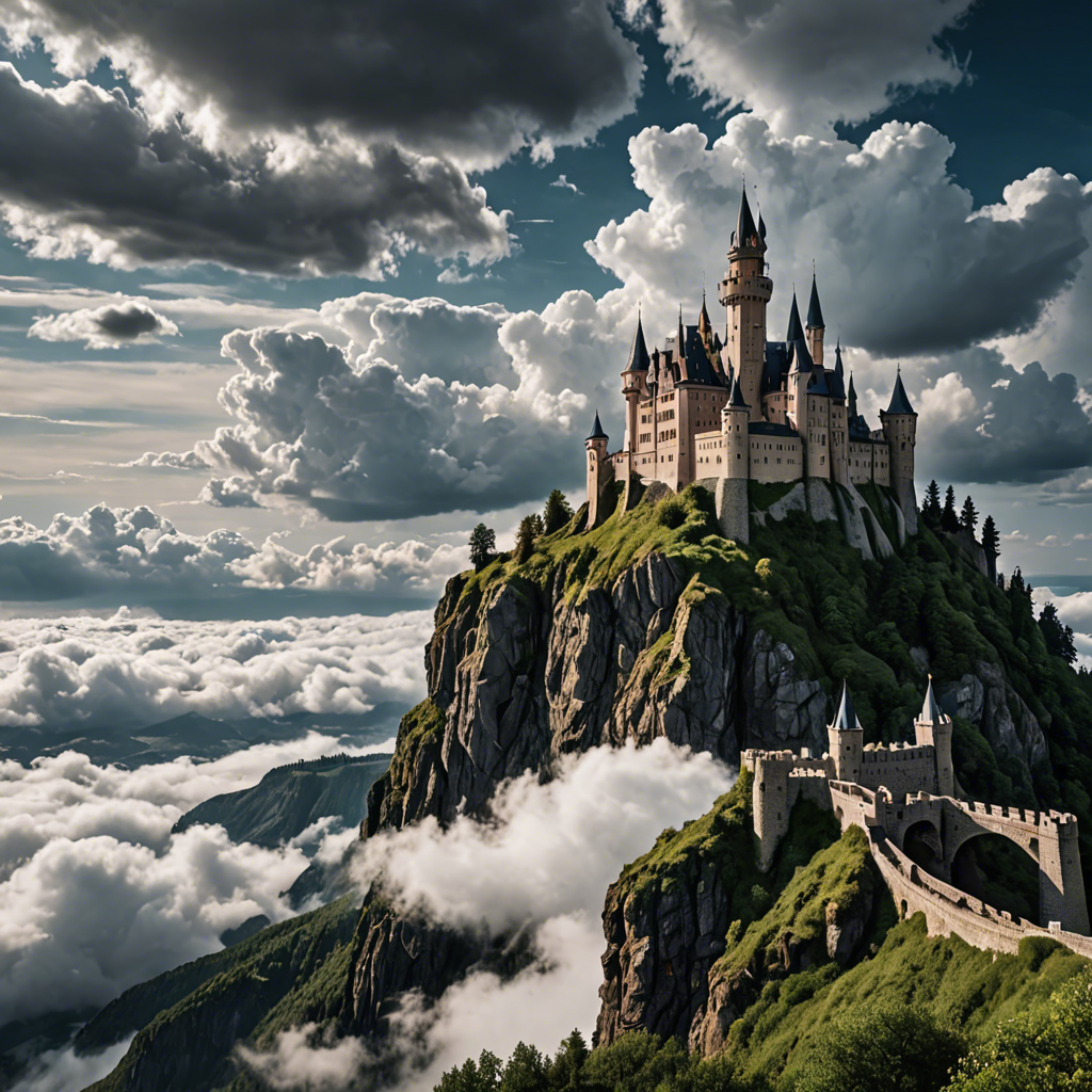 a fairytale castle on a cliff surrounded by clouds, dramatic sky, cinematic, detailed — image 1