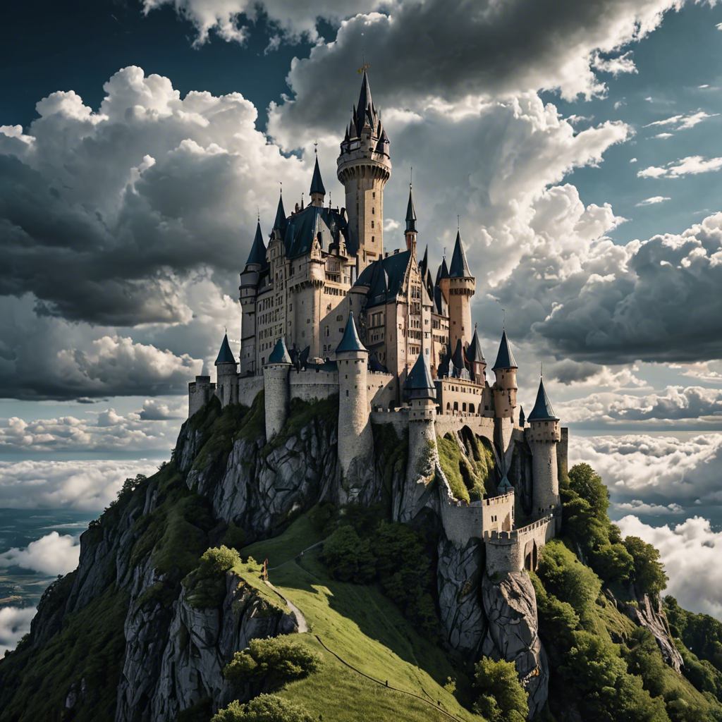 a fairytale castle on a cliff surrounded by clouds, dramatic sky, cinematic, detailed — image 2