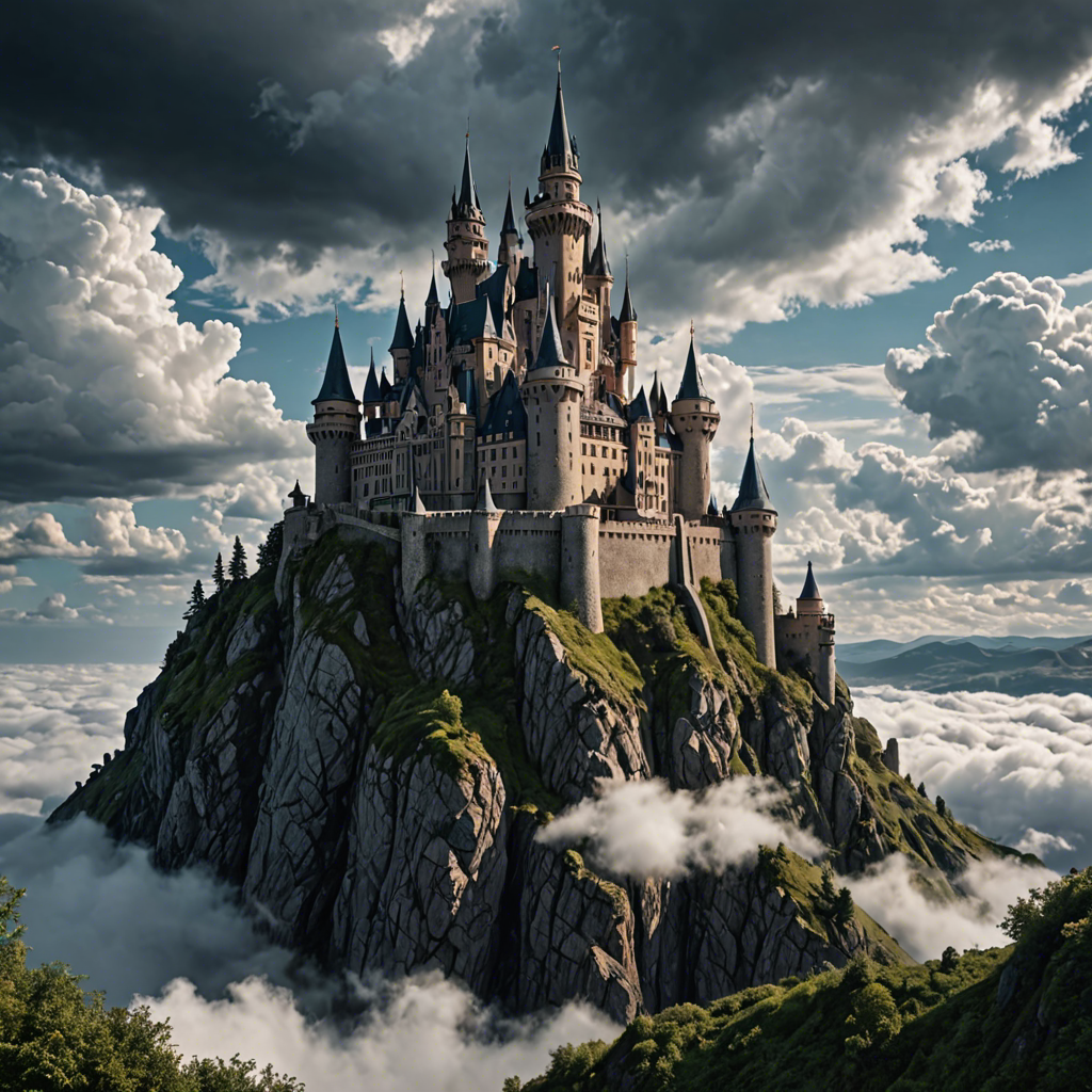 a fairytale castle on a cliff surrounded by clouds, dramatic sky, cinematic, detailed — image 5