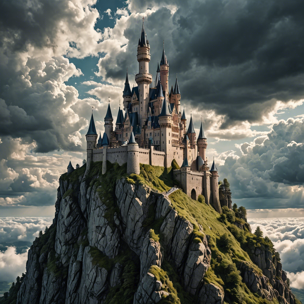 a fairytale castle on a cliff surrounded by clouds, dramatic sky, cinematic, detailed — image 7