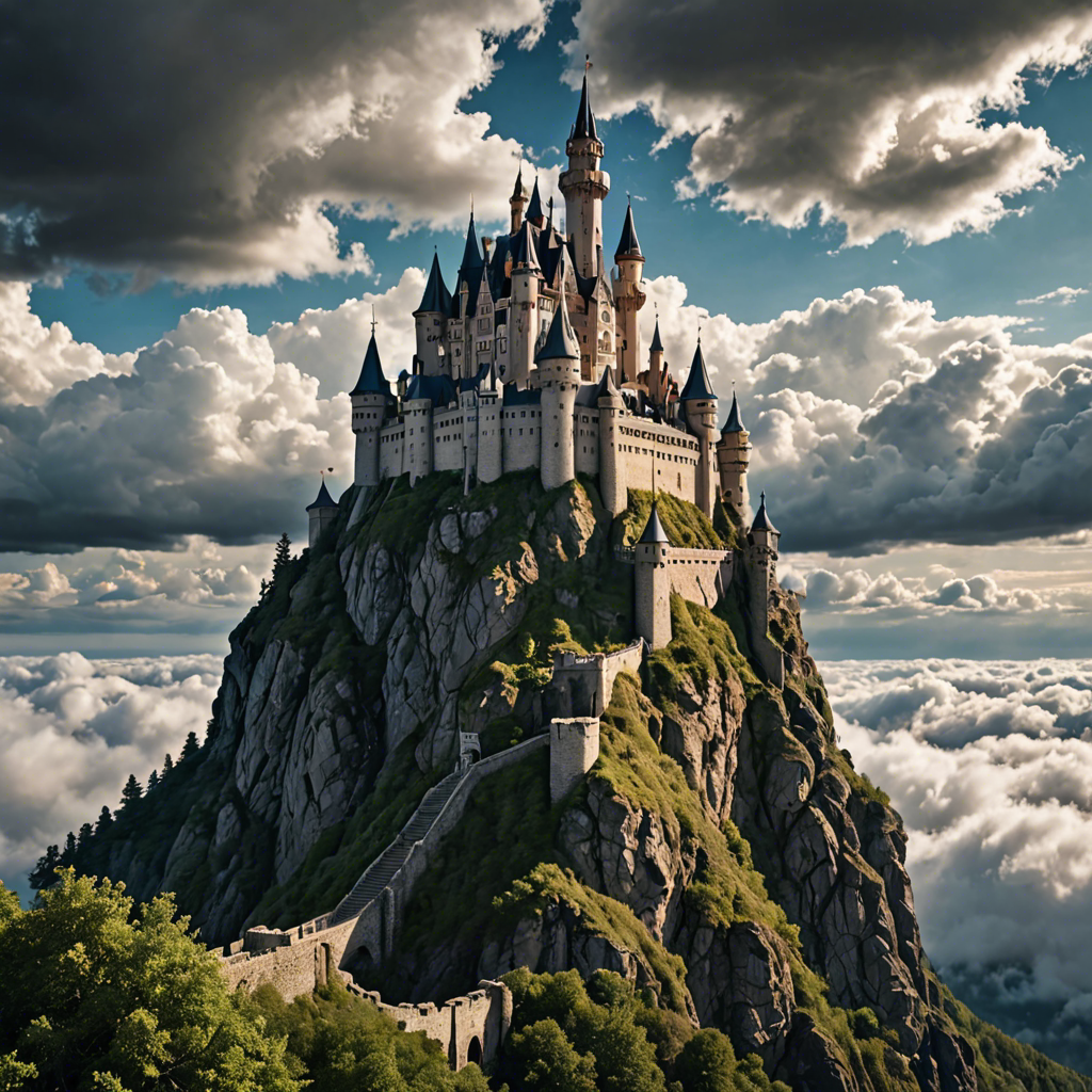 a fairytale castle on a cliff surrounded by clouds, dramatic sky, cinematic, detailed — image 8