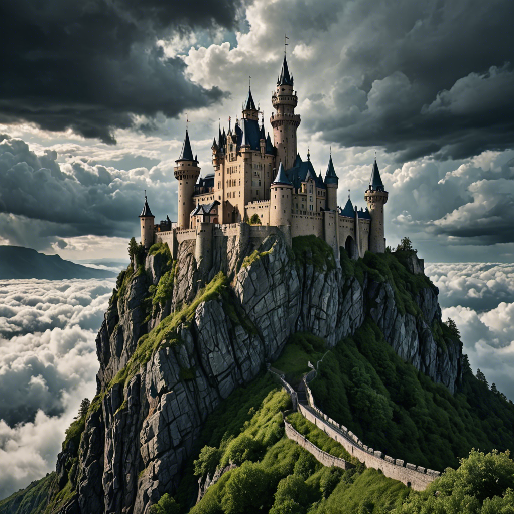 a fairytale castle on a cliff surrounded by clouds, dramatic sky, cinematic, detailed — image 12