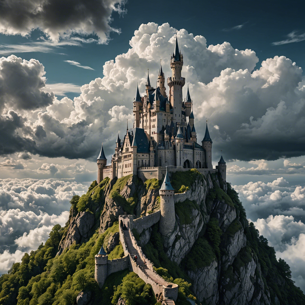a fairytale castle on a cliff surrounded by clouds, dramatic sky, cinematic, detailed — image 13